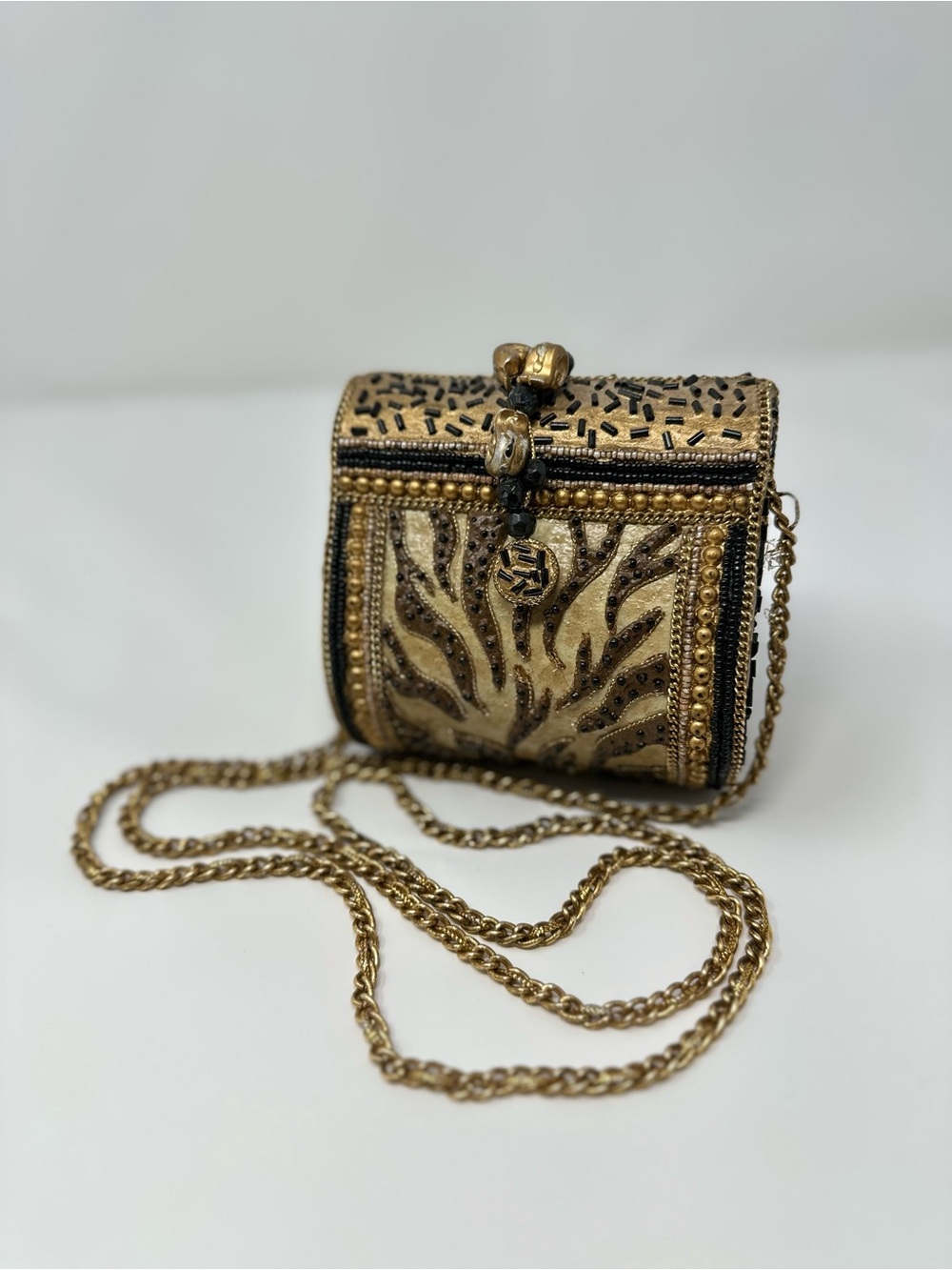 Beaded Hard Shell Box Bag Chain Strap Costume Animal Print Glam Afrocentric